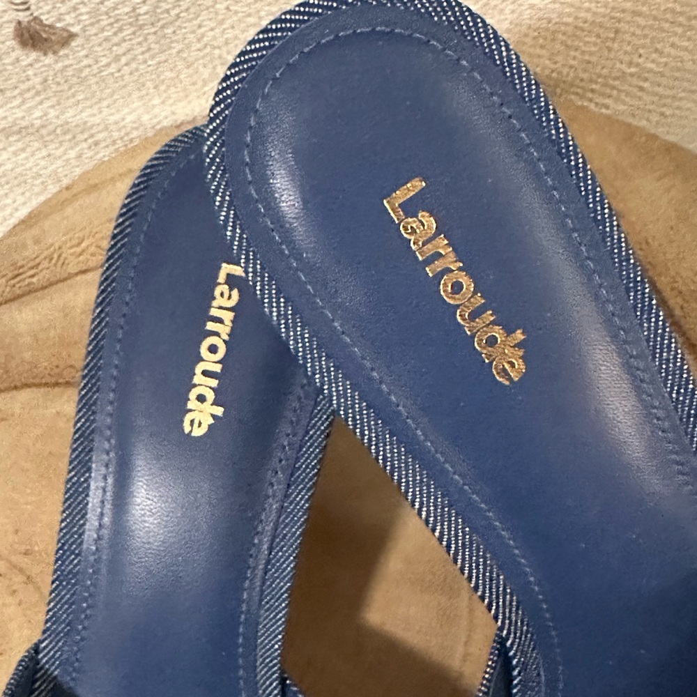 NEW | Larroudé Brigitte Flower-Embroidered Denim Mules - Picture 6 of 13